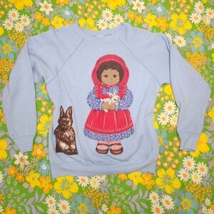 Vintage 80s Pannill Girl And Rabbit Baby Blue Sweater